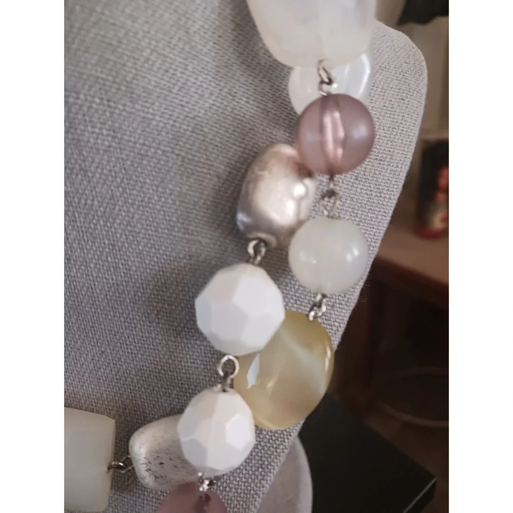 NY New York & Company Double Strand Beaded Statement Necklace Silver Tone Mauve